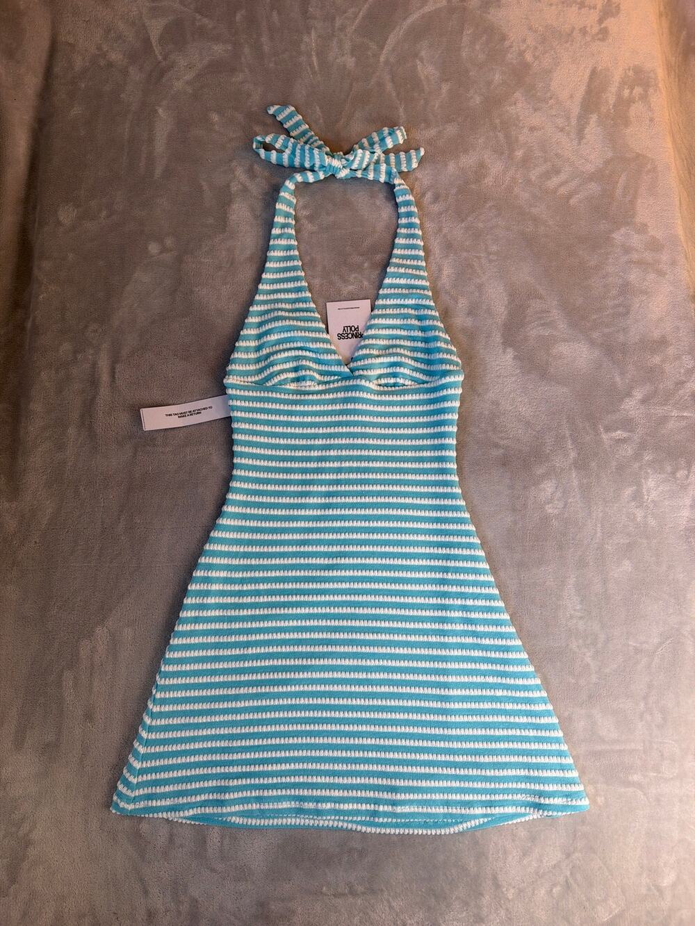 Princess Polly Striped Halter Mini Dress Golden Era Blue Size US 4 NWT